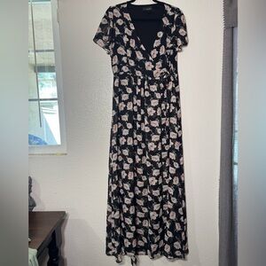 Floral Wrap Maxi Dress - Black with Blush Flowers